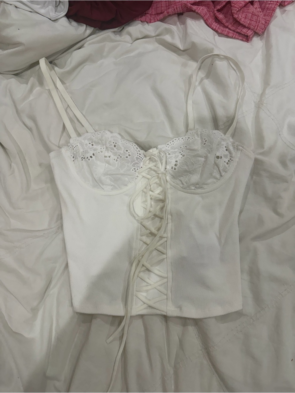 Edikted White Lace-Up Ribbed Bustier Tank Top
